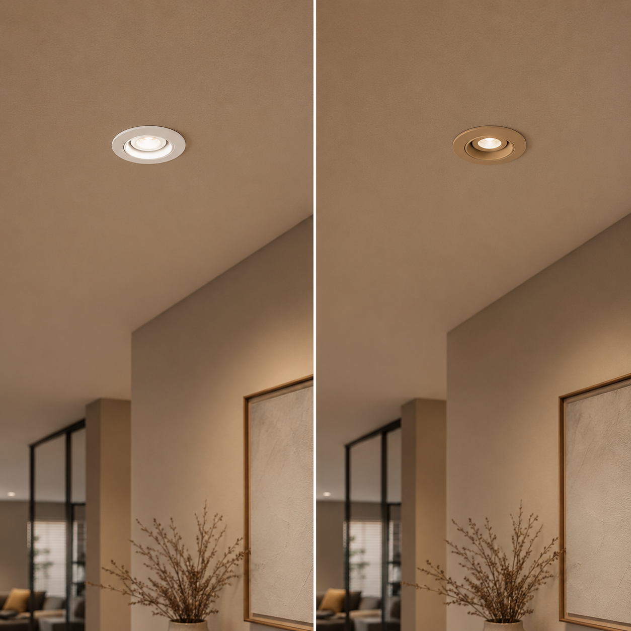 Comparison: white spot on the left versus a warm champagne spot on the right in the same ceiling