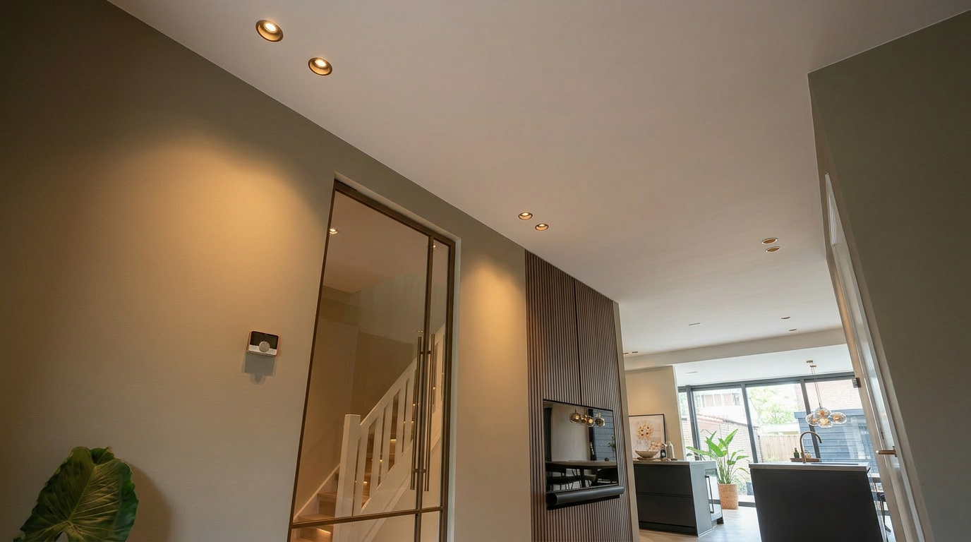 Plafond met gespoten inbouwspots in warme RAL-kleur