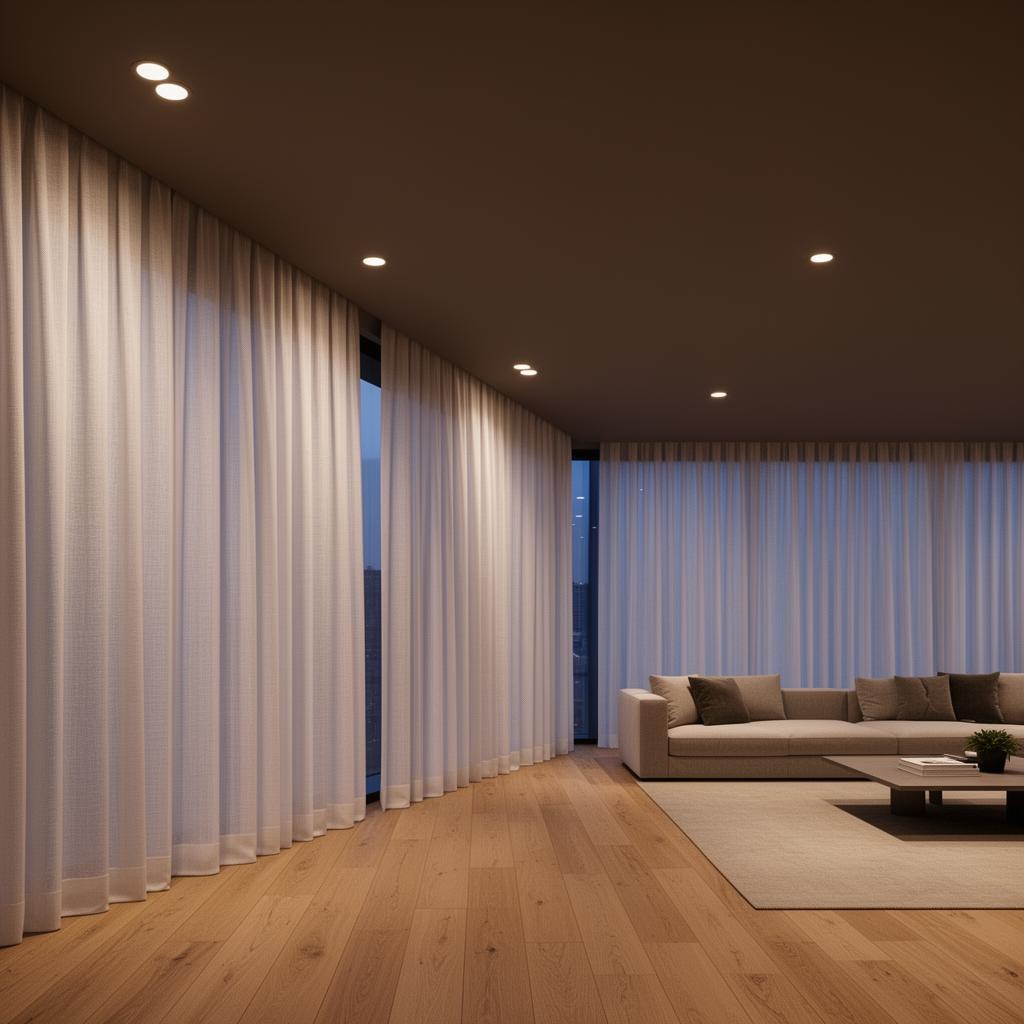 Spots in taupe plafond met linnen gordijnen